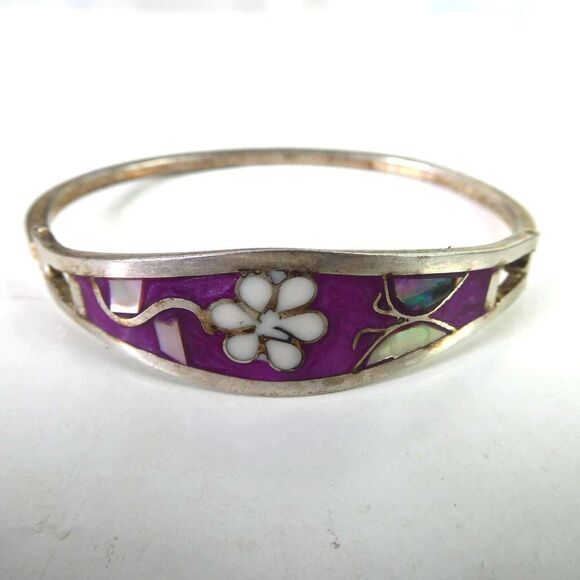 Silver Tone Floral Cloisonne Enamel Mother of Pearl Hinged Bangle Bracelet - Picture 1 of 9